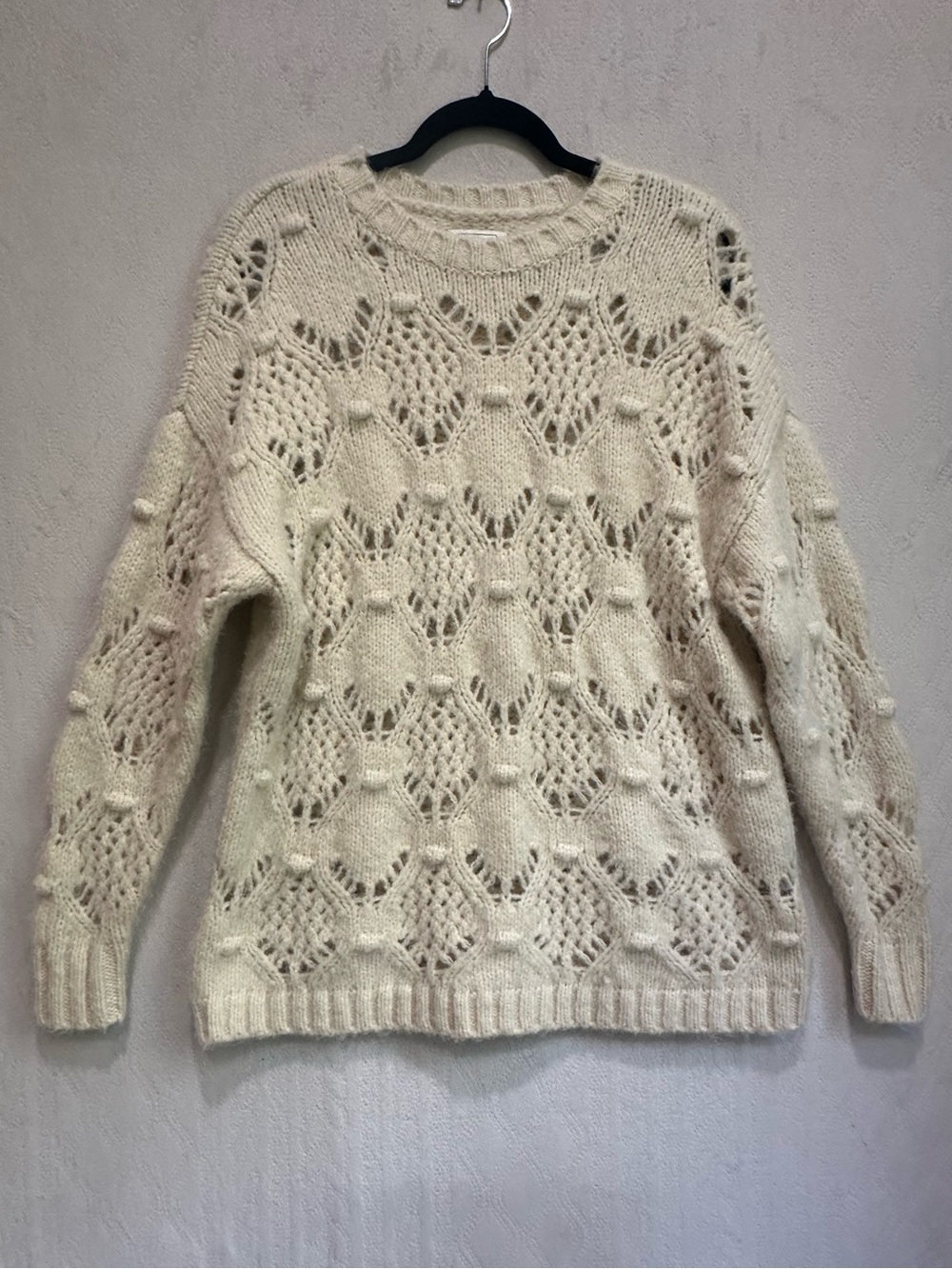 American Eagle Openwork Wool Blend Crewneck Sweater Cream Sz XS